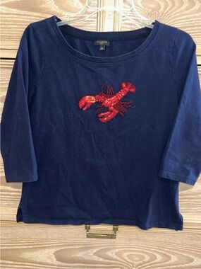Talbots Navy Top & Red Sequin Embroidered LOBSTER Patriotic! Nautical! EUC MP
